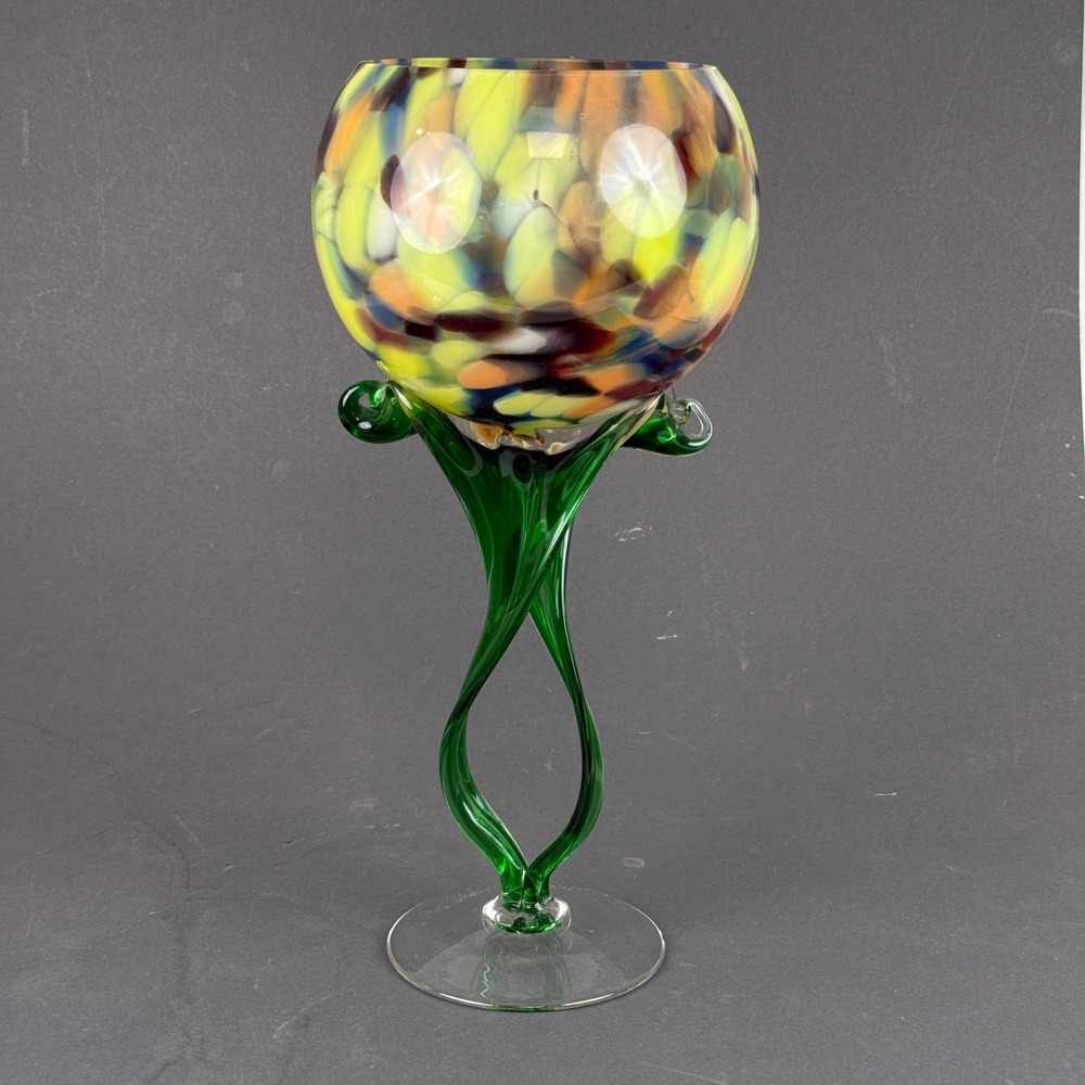 Jozefina Krosno Art Glass Goblet Vase Twisted Stem Confetti Hand Blown 12.5"